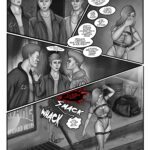Digital art comic. In the first panel three guys are looking really confused and silly. They say in unison: two? Panel two: A woman hardly contains her laughter. She has her right arm on her mouth to cover her laughter as she looks very giddy. There's an argument going on in the background: Guy 1: Well' that's me and Brian! Right Brian?" Guy 2: Fuck you!" Guy 1: "Why so salty, choom? Still pissed that you lost that fight?" Guy 2: "I didn't lose it! Fuck off, fatass!" Guy 1: "The fuck you said?" Guy 2: "You heard me... fatass" Guy 1: "Pretty strong words coming from a lanky pubeface gonk. Perhaps I should give you another black eye?!" Guy 1: "I wanna see you try, hungry hungry hippo..." Third panel: Two guys are facing each other down with a furious expression on their faces. The third guy is trying to de-escalate the situation with his hands up and says: "Fellas... For fuck's sake, stop!" Final panel: A woman prances down some stairs with a satisfied expression on her face. The entrance stairs are littered with different trash and some bullet holes.