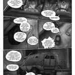 Digital art comic. First panel: a trio is in a car and there's a heated conversation: "You almost ran that bitch over! You're really pushing our luck after that border guard circus, aren't you?" says the angry woman. The disfigured man asks: "where are we"?. The smug driver says: "What bitch? I didn't see anyone. Besides..." Second and third panel: the car drives into an alleyway. The smug man says: "this is a corporate city, Gina. People who know better give way to corporate vehicles." The angry woman answers: I'd hate to be a sellout like you. At least nomads have standards." The smug man replies: Whoa. That's pretty harsh language, dirt road lover. But what do you mean "border guard circus"? I was smooth as fuck." The angry woman replies again: "Smooth?! Dropping a bribe wrapped in a porn mag?! We're lucky that worked." Final panel shows the stopped car: The smug man says: "Spend more time in the city instead of fucking prairie dogs or whatever it is that you nomads do and you'll get it." The angry woman replies: You know I could just shoot you in the face right now, you twat." The smug man convinces:" That wouldn't be smart my dear. You'd miss out on something I'm about to show you." The disfigured man voices his opinion:" He's right, we gotta keep our heads down. Militech could still be after us.